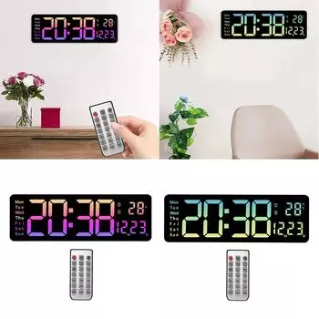 LED Desktop Alarm Clock with Remote Control Temp 16inch Digital Clock Wall Clock for Bedroom Office Learning Living Room Beside зелёный