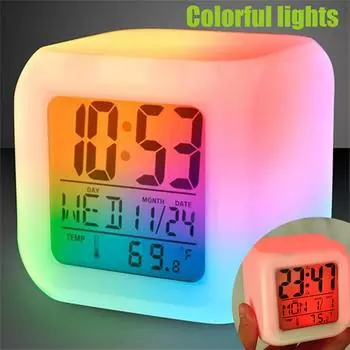 LED Digital Alarm Clock Mini Desk Cube Clock with Colorful Lights and Multiple Modes Multifunctional Glow Desk Clock Battery белый