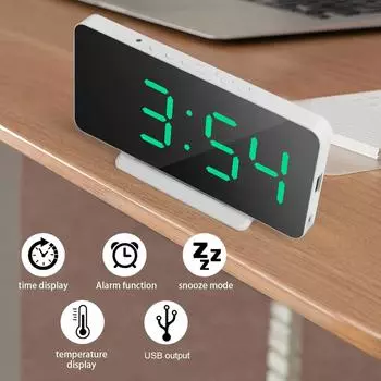 LED Digital Alarm Home Electronic Large Screen Snooze Tabletop Clock Diming Mode Adjustable Display Wake Up Clocks Devices зелёный