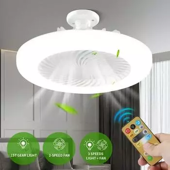 LED fan light E27 converter base ceiling fan bedroom kitchen bathroom 26cm silent ceiling fan with remote control and lighting