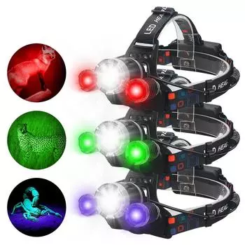 LED Headlamp Green/Red/UV 395nm+White Powerful Dual Light Headlight USB Rechargeable Outdoor Waterproof Head Lamp Head Torch NO Battery