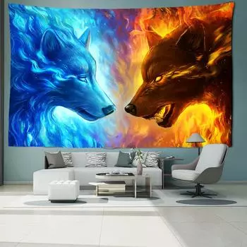 Лед и пламя голова волка гобелен настенный абстрактное загадочное искусство колдовство хиппи Тапитц гостиная спальня домашний декор 95x73CM