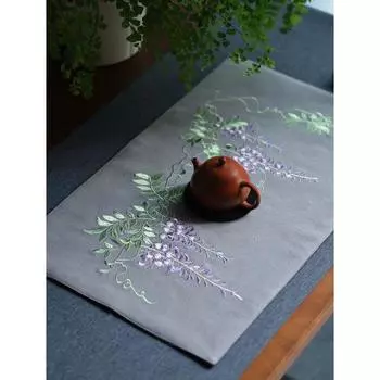 LED Longevity Chrysanthemum Embroider Tea Mat Washed Cotton Linen Tea Mat Fabric Gift Retro Tea Cloth Chinese Dry Pour Tea Ceremony 30*50cm, cotton and linen wisteria Embroider
