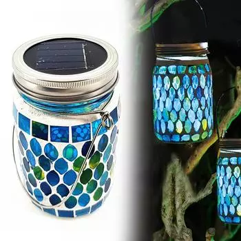 LED Mosaic Solar Light Waterproof Solar Glass Bottle Jar Table Lamp Glass Table Lamp for Garden Party Camping Terrace Yard Decor синий