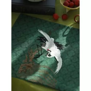 Led Purple Lotus Embroidered Tea Mat Cotton and Linen Tea Mat Fabric Gift Retro Tea Cloth Chinese Tea Mat Dry Tea Ceremony Artistic Green winged crane 30*50cm, 3 layers of thickened