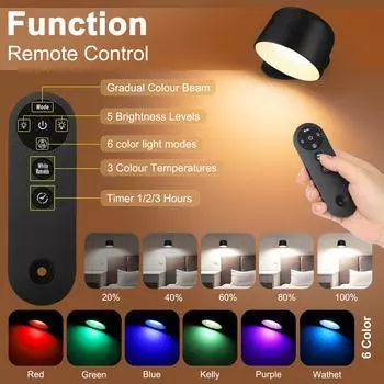 Led Wall Lamp Touch Control 360 Rotatable wall light USB Recharge Wireless Portable Night Light For Bedside Bedroom Reading Lamp чёрный
