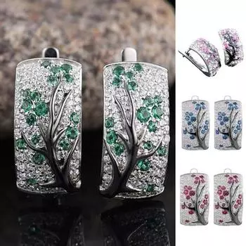 Леди блестящие ветки цветов сливы, полностью инкрустированные стразами, изогнутые прямоугольные серьги зелёный