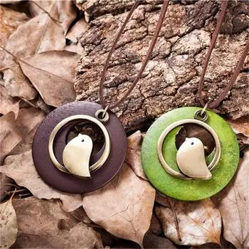 Леди Цепи Птица Деревянный Кулон Дракон Винтаж Длинное Ожерелье Подарочные Ювелирные Изделия зелёный