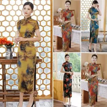 Леди Cheongsam, гладкое платье, облегающее китайское платье с поднятой талией, пейзажная живопись, принт, разделенный подол, традиционное Ципао XL жёлтый