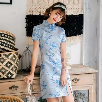 Леди Cheongsam с разрезом по бокам, облегающее, гладкое, великолепное, элегантное, с цветочным принтом, мини-платье Ципао в китайском стиле для вечеринки M золотистый