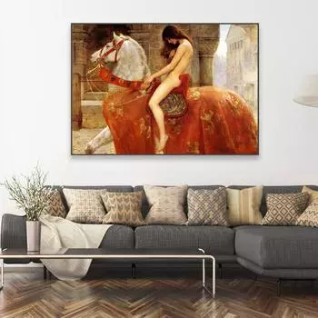 Леди Годива от Джона Коллиера, печать постеров, картина маслом, печать на холсте, сексуальная девушка, обнаженная на лошади, постер, винтажная картина на холсте 21x30 No Frame