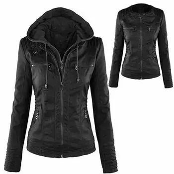 Леди из искусственной кожи с длинным рукавом, однотонная куртка на молнии, съемная куртка с капюшоном, верхняя одежда