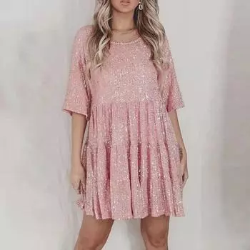 Леди клубное платье с круглым вырезом, плиссированное, с короткими рукавами, в стиле пэчворк, подол, свободное, сверкающее, с пайетками, для вечеринки, выпускного вечера, мини L шампанского
