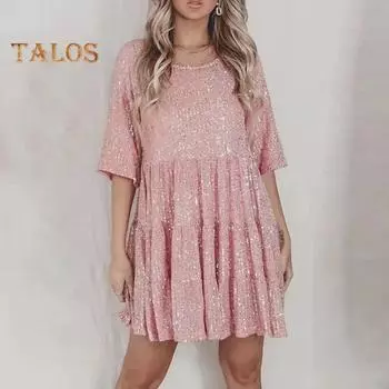 Леди Клубное Платье Сверкающие Пайетки О Образным Вырезом Плиссированные Лоскутные Подол Свободные Короткие Рукава Мини-Платье Для Выпускного Вечера Короткое Платье Для Свиданий L шампанского