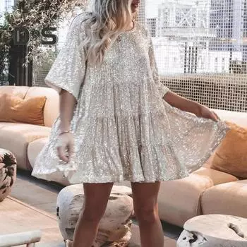 Леди Клубное Платье Сверкающие Пайетки О Образным Вырезом Плиссированные Лоскутные Подол Свободные Короткие Рукава Мини-Платье Для Выпускного Вечера Короткое Платье Для Свиданий L шампанского