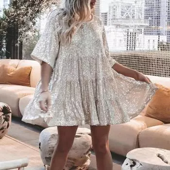 Леди Клубное Платье Сверкающие Пайетки О Образным Вырезом Плиссированные Лоскутные Подол Свободные Короткие Рукава Мини-Платье Для Выпускного Вечера Короткое Платье Для Свиданий L шампанского