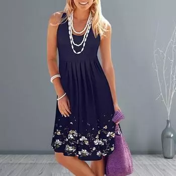 Леди Летнее Платье Без Рукавов Плиссированные Цветочный Принт Круглый Вырез Без Рукавов Трапеции Большой Подол Повседневная Повседневная Одежда Платье До Колена Пляжный Сарафан M темно-синий