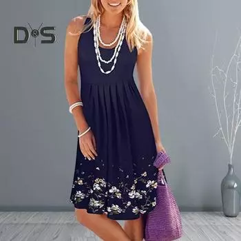 Леди Летнее Платье Без Рукавов Плиссированные Цветочный Принт Круглый Вырез Без Рукавов Трапеции Большой Подол Повседневная Повседневная Одежда Платье До Колена Пляжный Сарафан M темно-синий