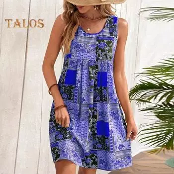 Леди летнее платье без рукавов в стиле ретро с цветочным принтом трапециевидной формы со свободным подолом и круглым вырезом, мягкое дышащее пляжное мини-платье для отпуска, женское повседневное короткое платье 2XL оранжевый