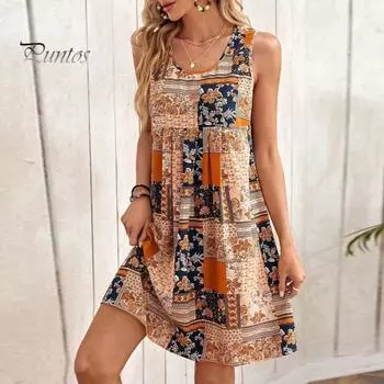 Леди летнее платье без рукавов в стиле ретро с цветочным принтом трапециевидной формы со свободным подолом и круглым вырезом, мягкое дышащее пляжное мини-платье для отдыха, женское повседневное короткое платье 2XL оранжевый