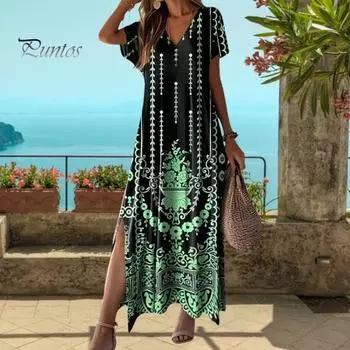 Леди летнее платье Цвет соответствия геометрическому принту V-образный вырез с разрезом подол с короткими рукавами Трапеция Свободное платье с высокой талией Повседневная повседневная одежда Макси-платье 2XL жёлтый/чёрный