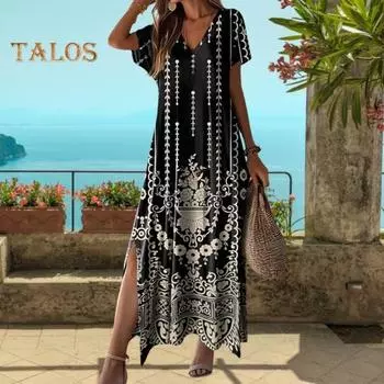 Леди летнее платье Цвет соответствия геометрическому принту V-образный вырез с разрезом подол с короткими рукавами Трапеция Свободное платье с высокой талией Повседневная повседневная одежда Макси-платье 2XL жёлтый/чёрный