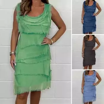 Леди летнее платье с бахромой, рваные, многослойные, без рукавов, с круглым вырезом, сплошной цвет, длиной до колена, пуловер трапециевидной формы с наклонным краем, повседневное платье миди для свиданий M небесно-голубой