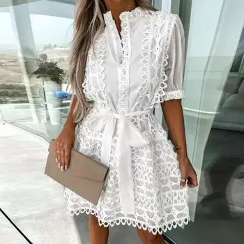 Леди летнее платье с поясом подходящие туфли трапециевидной формы элегантная одежда с воротником-стойкой для выпускного вечера M красный