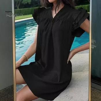 Леди летнее платье с воротником-стойкой и рюшами с короткими рукавами и V-образным вырезом Свободное сплошное цветное плиссированное прямое мягкое дышащее мини-платье длиной выше колена S baby голубой