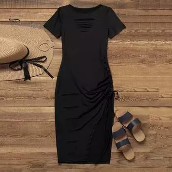 Леди Летнее Платье Выдалбливают Плиссированные Круглый Вырез Тощий Плюс Размер Эластичный Короткие Рукава Сплошной Цвет Боковой Разделение До Колена Леди Клубная Вечеринка Платье Миди 4XL зелёный