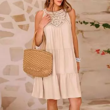Леди Летнее Пляжное Платье Выдалбливают Кружева А-силуэта Свободный Подол Холтер Шеи С Открытыми Плечами Лоскутное Платье Без Рукавов Чистый Цвет Богемное Мини-Платье Для Отдыха 2XL розы красного