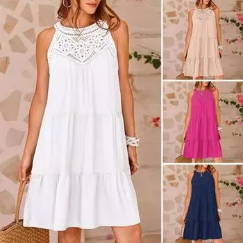 Леди Летнее Пляжное Платье Выдалбливают Кружева А-силуэта Свободный Подол Холтер Шеи С Открытыми Плечами Лоскутное Без Рукавов Чистый Цвет Чешское Мини-Платье Для Отдыха 2XL розы красного