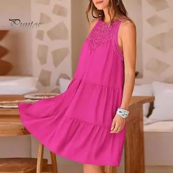 Леди Летнее Пляжное Платье Выдалбливают Кружева А-силуэта Свободный Подол Холтер Шеи С Открытыми Плечами Лоскутное Без Рукавов Чистый Цвет Чешское Мини-Платье Для Отдыха 2XL розы красного