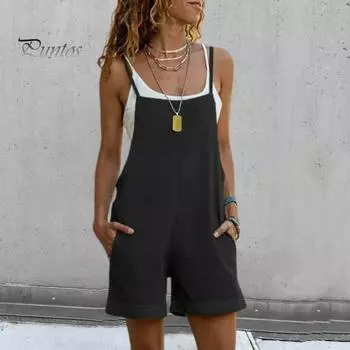 Леди Летние комбинезоны Свободные боковые карманы Квадратный вырез Чистый цвет Без рукавов Регулируемый плечевой ремень Глубокий промежность Мягкий дышащий Повседневная повседневная одежда S небесно-голубой