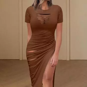 Леди Лето Выдалбливают Плиссированные Круглый Вырез Узкие Размер Стрейч Короткие Рукава Сплошной Цвет Боковой Разделение 4XL зелёный