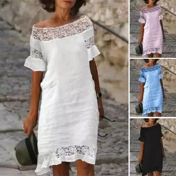 Леди миди платье с открытыми плечами Красивый пуловер с короткими рукавами Летняя женская одежда Повседневная одежда M белый