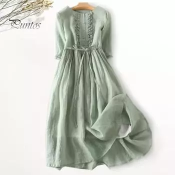 Леди-миди-платье с ремешками и узкой талией, плиссированные с половиной рукавов, двухслойное ретро, однотонное, с круглым вырезом, трапециевидной формы, с гофрировкой, пляжное платье для отпуска, длинное платье для свиданий 2XL зелёный