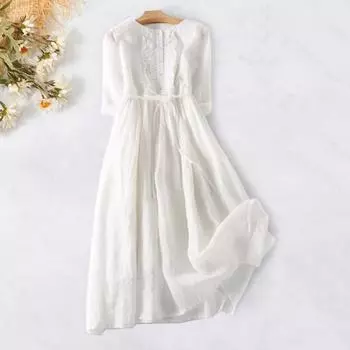 Леди Миди Ремешки Узкая талия Плиссированные Половина рукава Ретро Сплошной цвет О-образный вырез Трапеция Со сборками Отпуск 2XL зелёный