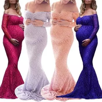 Леди Нижние Юбки Плюс Размер Фотографии Для Беременных Сексуальное С Плеча Сплошной Цвет Кружева Длина Пола Платье M сапфир синий