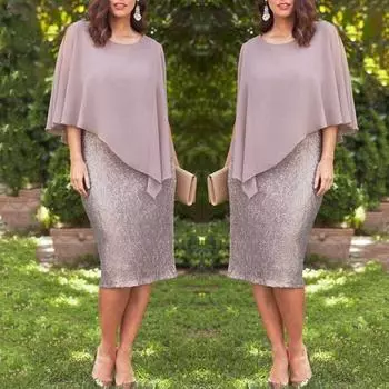 Леди Нижние Юбки Плюс Размер Элегантные Женщины Плюс Размер О-Образным Вырезом Шифон Лоскутное Двухслойное Платье-Карандаш Миди L бежевый