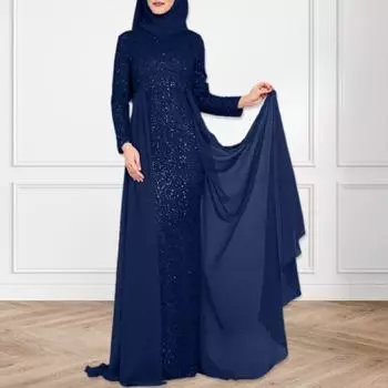 Леди Нижние Юбки Плюс Размер О-Образным Вырезом С Длинным Рукавом Высокой Талией Чистая Пряжа Сшитое Женское Платье Элегантное Блестящие Блестки Облегающее Вечернее Платье Макси 3XL темно-синий