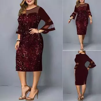 Леди Нижние Юбки Плюс Размер Вечернее Платье Сетчатая Пряжа С Блестками Плюс Размер Облегающее Платье с Расклешенными Рукавами для Свадьбы 4XL вино красного