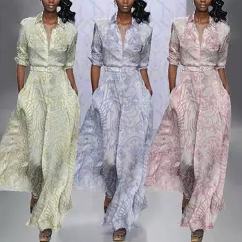 Леди Нижние Юбки Плюс Размер Вечернее Платье Принт Пояса Весна Лето Пуговицы Длинное Платье для Свадьбы 3XL светло-синий