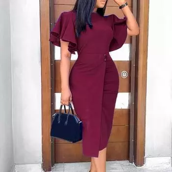 Леди Нижние Юбки Плюс Размер Вечернее Платье Сплошной Цвет С Разделением Подол Лето Тонкий Платье С Круглым Вырезом для Свадьбы 2XL зелёный