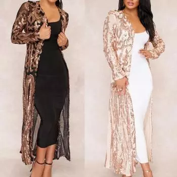 Леди Нижние Юбки Плюс Размер Вечерняя Вечеринка Женщины Прозрачный Тотем с Блестками Открытый Передний Кардиган С Длинными Рукавами M
