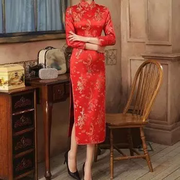 Леди Нижние юбки больших размеров, женский Cheongsam, элегантный длинный Cheongsam с высоким разрезом, классический женский стиль в китайском стиле, женское платье для свадебных вечеринок 2XL