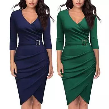 Леди Нижние юбки Плюс Размер Леди Платье Сплошной цвет V-образным вырезом Тонкое повседневное платье-футляр для повседневной носки 3XL темно-синий