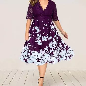 Леди Нижние юбки Плюс Размер Женское платье Кружевное лоскутное V-образным вырезом с цветочным принтом Банкетное платье для выпускного вечера 3XL чёрный