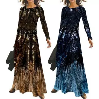 Леди Нижние юбки размера плюс длинное платье с принтом и блестками Весеннее тонкое платье макси с круглым вырезом для банкета M фиолетовый