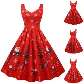Леди Нижние юбки размера плюс праздничное платье с квадратным вырезом без рукавов и большим подолом Санта-Клаус Снеговик с принтом лося Рождественское платье женская одежда L